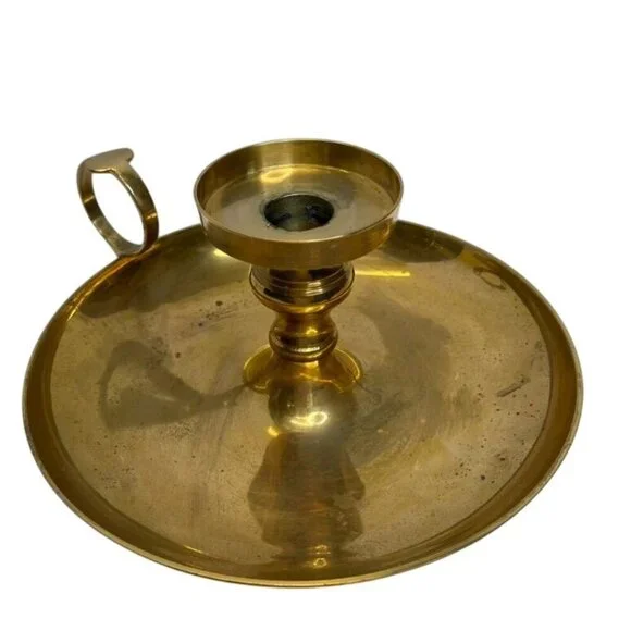 Vintage Brass Chamberstick Candle Holder Round Drip Tray Base Loop Handle Antiqu - Picture 2 of 6